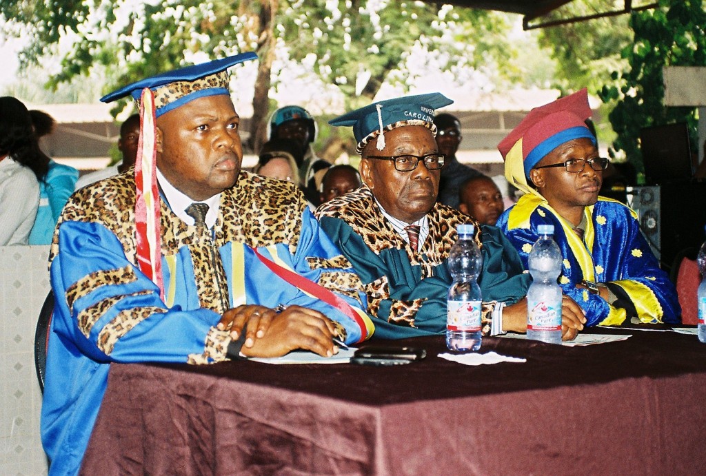 Faculty Deans at a graduation ceremony are from left to right Professors Kabasele, Emomo, and Ntonda